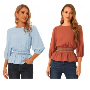 Allegra K Women's 3/4 Sleeve Round Neck Smocked Waist Peplum Blouse 2 Packs - 1 of 4