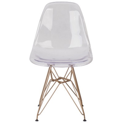 Elon Clear Polypropylene Armless Chair with Gold Metal Base
