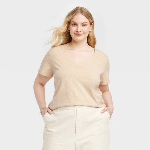 Women's Fitted V-neck Short Sleeve T-shirt - Universal Thread™ Tan 4x :  Target
