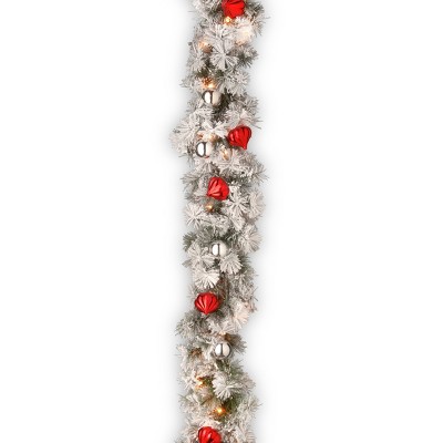 National Tree Company Pre-Lit Artificial Christmas Garland, Green, Glittery Bristle Pine,White Lights,Frosted Branches, Ball Ornaments, Plug In,9 Feet