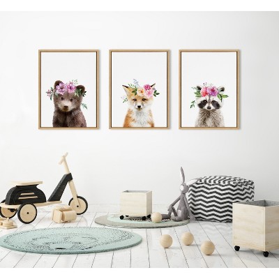 Flower Crown Bear Framed Canvas Wall Art for Nursery, 18x24 Natural