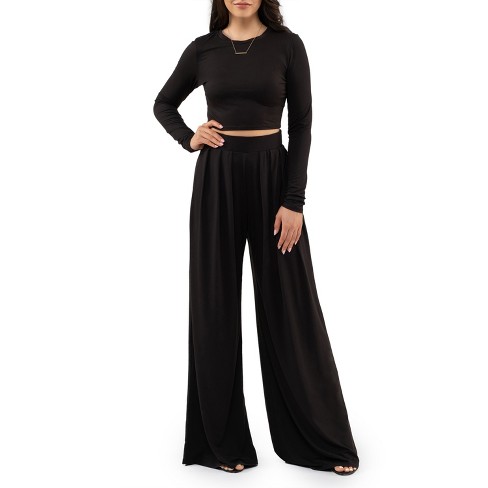 August Sky Women's Long Sleeve Crop Top And Palazzo Pant  Set_rwtp14494-set_black_medium : Target