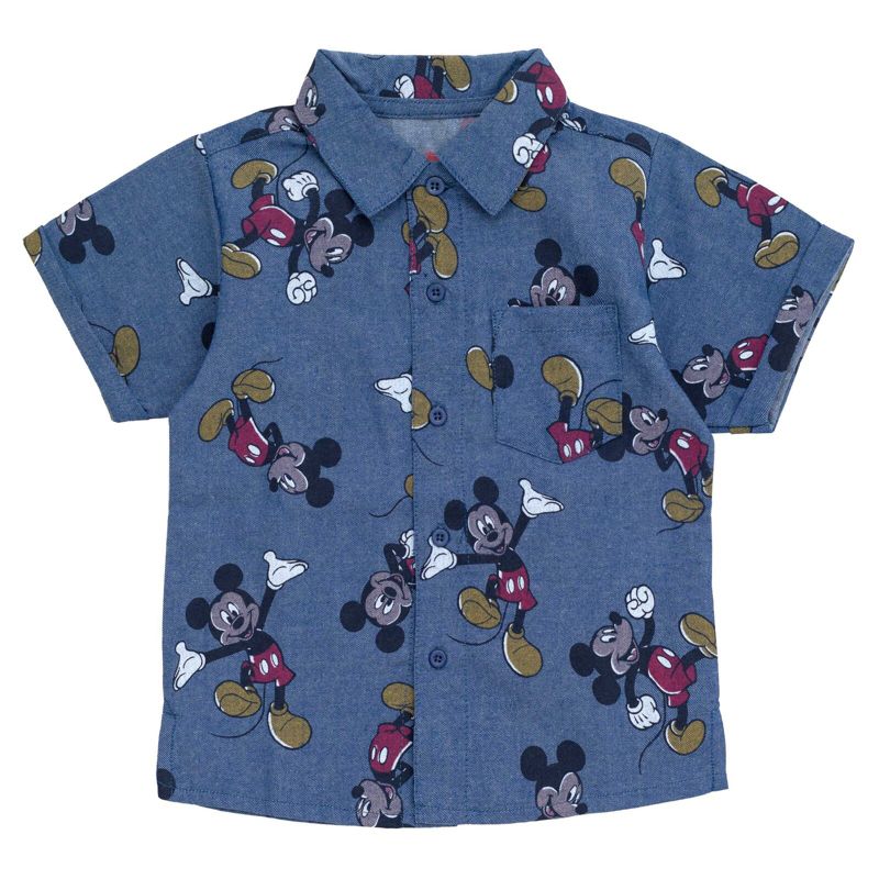 Disney Mickey Mouse Baby Chambray Hawaiian Button Down Shirt and Shorts Outfit Set Infant to Little Kid, 2 of 6