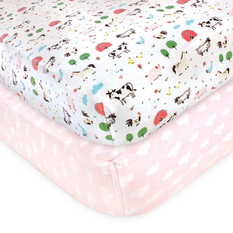 Hudson Baby Infant Girl Cotton Fitted Crib Sheet, Girl Farm Animal, One Size, 1 of 5