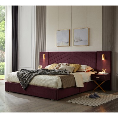 GDFStudio Noxon Modern Velvet Upholstered Bed Frame with Wingback Headboard, LED Lights, and 2 Floating Bedside Tables