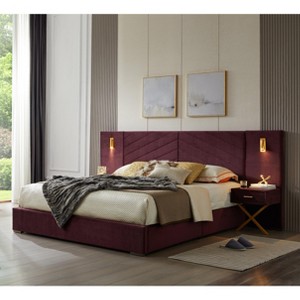 GDFStudio Noxon Modern Velvet Upholstered Bed Frame with Wingback Headboard, LED Lights, and 2 Floating Bedside Tables - 1 of 4