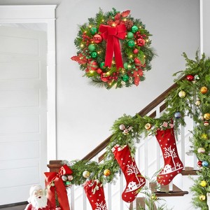 2 Inch Large Outdoor Christmas Wreath, Lighted Xmas Wreath with Red Green Ball Ornaments Velvet Bow and 30 LED Lights for Window Holiday Decor - 1 of 4