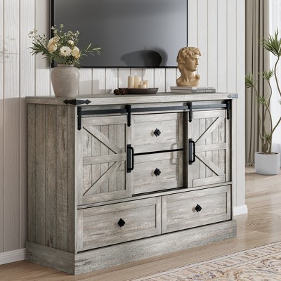 TV Stands for Living Room, Television Stands with Large 4 Drawers & Bar Handles, Farmhouse Wood Entertainment Center with Sliding Barn Doors