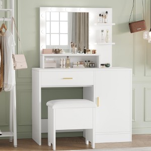 Vanity Desk, Makeup Vanity Desk with Mirror & 9 LED Light Bulbs, Large Drawers and Three Level Storage & Tiers of Open Shelves for Bedroom, White - 1 of 4