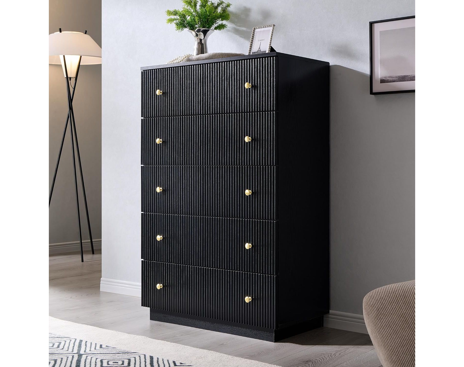 SinCiDo 5 Drawer Fluted Dresser, Wood Tall Chest of Drawers with Deep Storage, Modern Storage Organizer for Bedroom, Living Room