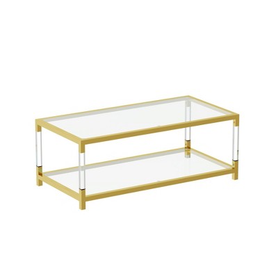 Lirago Modern Minimalist Gold Metal Frame Coffee Table with Acrylic Legs-Sleek Glass Top for Living Room & Office 47.2"W * 23.6"D * 17.7"H