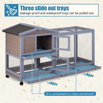 Large Gray Wooden Two-Story Guinea Pig Hutch with Wheels