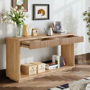 Lyngins Modern 2-Drawer Fluted Entryway Table with Storage, Wood Console Table, Minimalist Natural Wood Veneer Sofa Table for Hallway, Entryway - 1 of 4