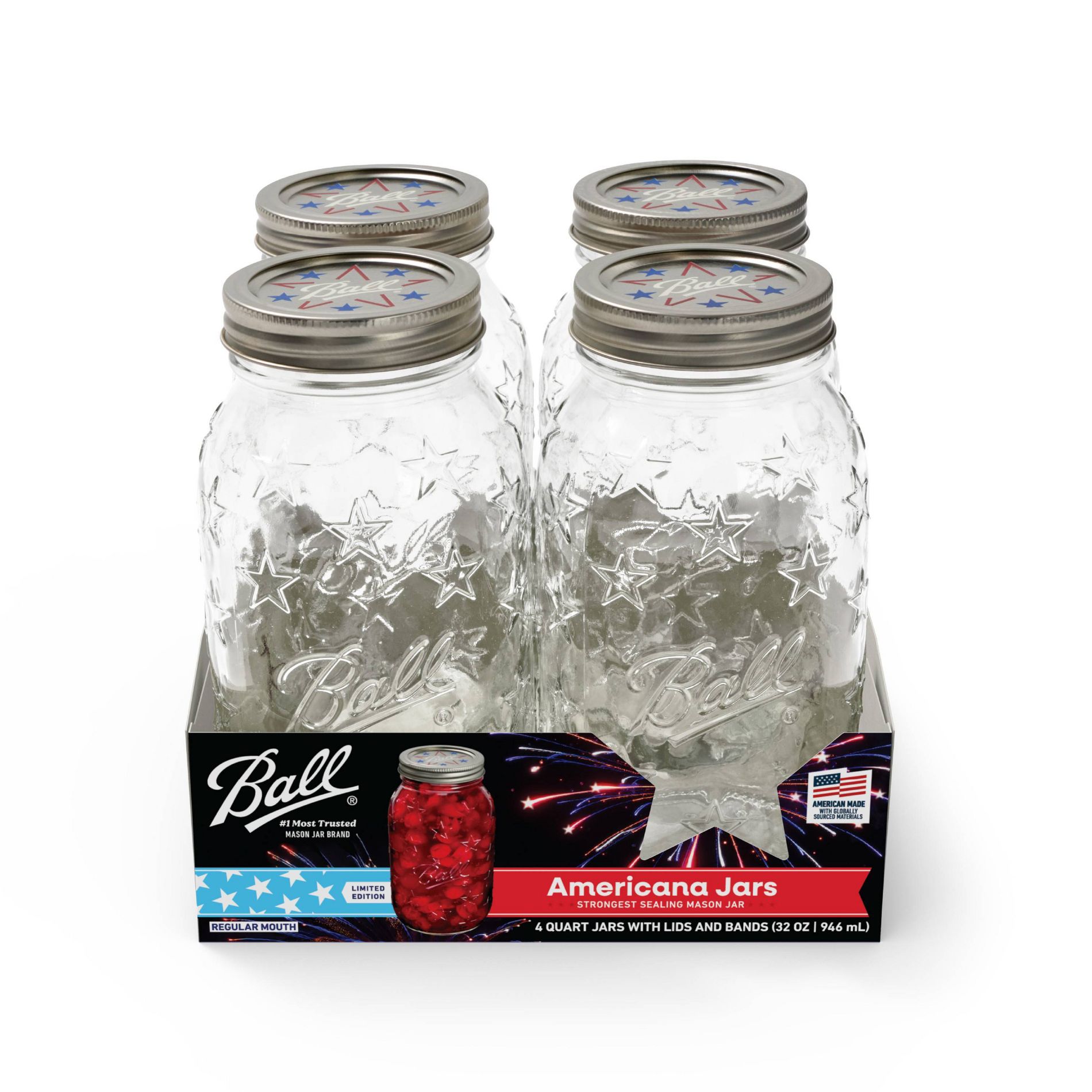 Ball 4ct Americana Quart Regular Mouth Mason Jar with Band and Lid