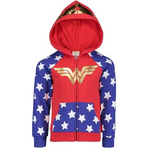 DC Comics Justice League Wonder Woman Girls French Terry Zip Up Costume Hoodie Toddler - 1 of 4