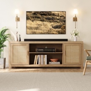 Boho Rattan TV Stand for 65 /75Inch TV, Natural Oak Entertainment Center with Adjustable Shelves, 2-Tier Storage Media Cabinet - 1 of 4