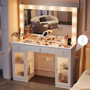 Petrimins Vanity Desk with Large Mirror and Lights, Glass Top Makeup Vanity for Bedroom, 3 Color Lighting Modes, Dressing Table for Women - 1 of 4
