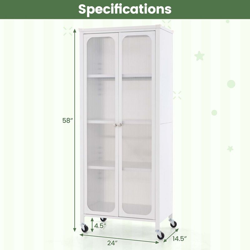 Costway Storage Cabinet with Wheels & 2 Translucent Doors Adjustable Shelves Sideboard, 3 of 11
