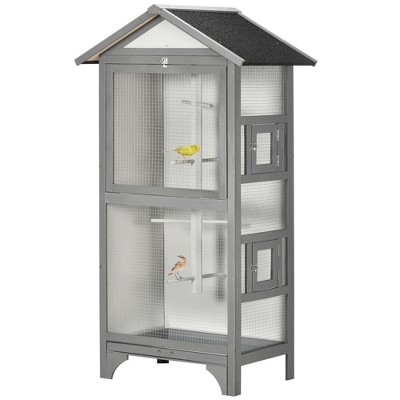 PawHut Outdoor Bird Aviary Wooden Bird Cage with Removable Tray Perches, Gray, 32" x 22.5" x 60"