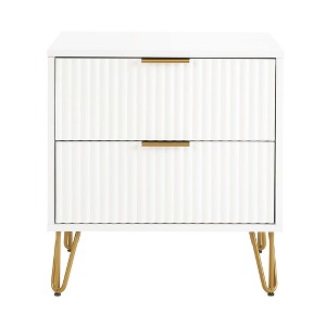 Gulches White 2-Drawer Fluted Nightstand, Modern Glam MDF Side Table with Gold Metal Legs & Handles,Extension Drawers, Tool-Free "Snap It" Assembly - 1 of 4
