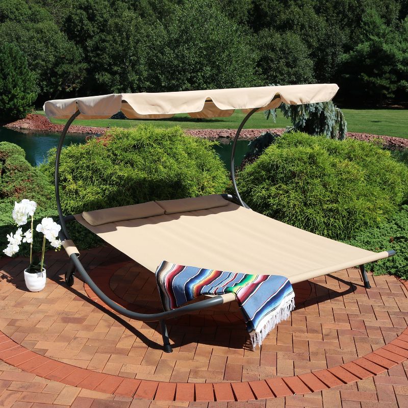 Sunnydaze Outdoor Double Chaise Lounge Bed with Canopy Shade and Headrest Pillows, Beige, 3 of 10