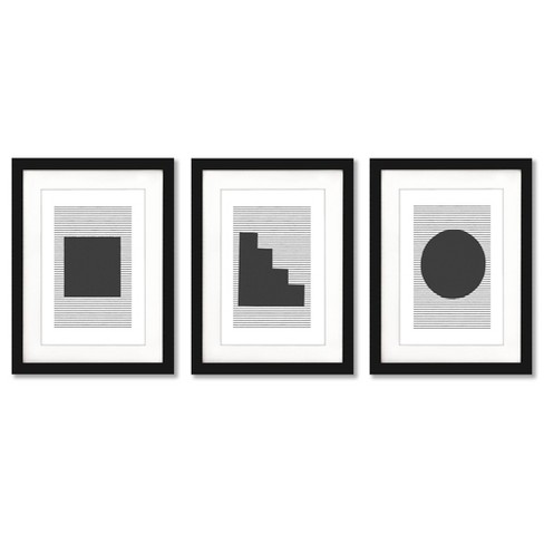 (Set of 3) Geo Cross Hatch by Roseanne Kenny Black Matted Framed Triptych  Wall Art Set 16