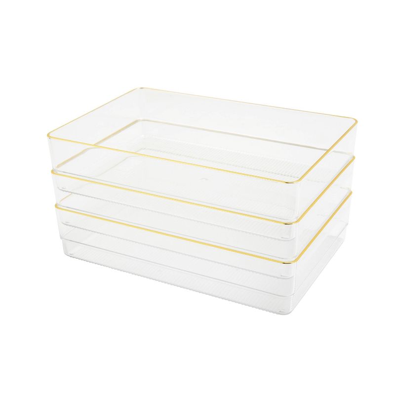Martha Stewart 3pc 9&#34; x 6&#34; Plastic Stackable Office Desk Drawer Organizers with Gold Trim Clear, 6 of 11