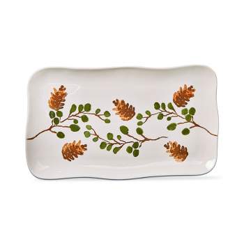 tagltd White Rectangle Pinecone with Greeney Earthenware Wave Edged Dishwasher Safe Serving Platter, 17.0 x 10.0 in.
