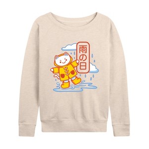 Women's - Instant Message - Rainy Day Kawaii Cat Lightweight French Terry Wide Neck Long Sleeve Graphic Shirt - 1 of 4