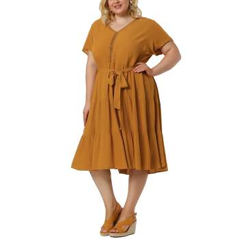 Agnes Orinda Women's Plus Size Lace Inset Tie Waist Short Sleeve Casual Vacation Shirt Dresses