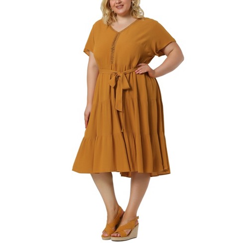 Agnes Orinda Women's Plus Size Lace Inset Babydoll Short Sleeve Shirt Dress  Yellow 4x : Target
