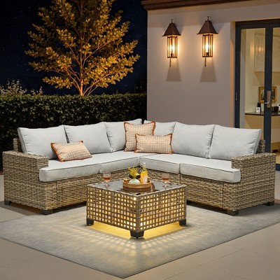 XIZZI All-Weather Rattan Furniture, Sectional Sets w/ Optional Solar Light-Up Coffee Table & Ottoman, Choose 6-9pc Configs in 8 Fade Resistant Colors