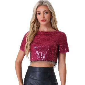 INSPIRE CHIC Women's Sequin Glitter Short Sleeve Cropped Round Neck Tassel Cocktail Party Sparkly Top - 1 of 4