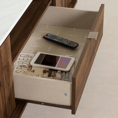 Natural Walnut and Faux Carrara Marble TV Stand with Cabinet