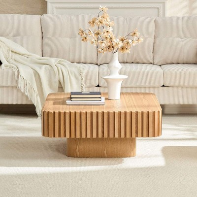 31'' Modern Small Wood Square Coffee Table, Handcraft Drum Coffee Table with MDF Pedestal Base for Living Room,Compact Spaces-Coolbibila