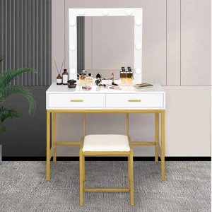 Karl Home | White And Gold Makeup Vanity Set With 2-Drawers And Stool - 1 of 4