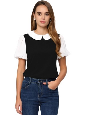Allegra K Women's Contrast Peter Pan Collar Puff Short Sleeve Summer Top