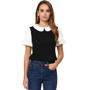 Allegra K Women's Contrast Peter Pan Collar Puff Short Sleeve Summer Top - 1 of 4