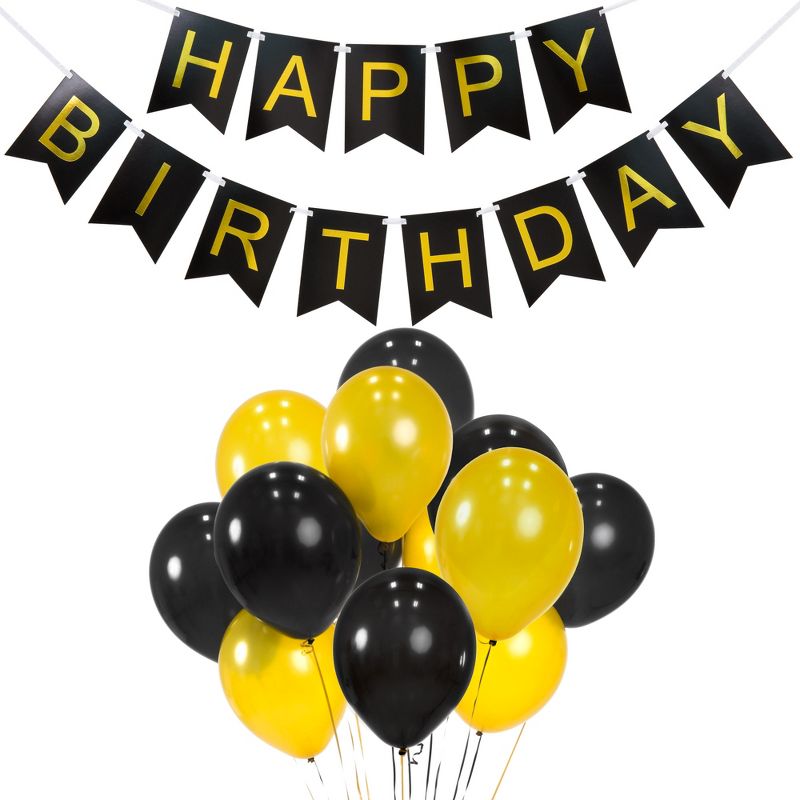 Best Choice Products Birthday Party Balloon Decor Set w/ Happy Birthday Banner, 6 Pom-Poms, 20 Balloons - Gold/Black, 2 of 6