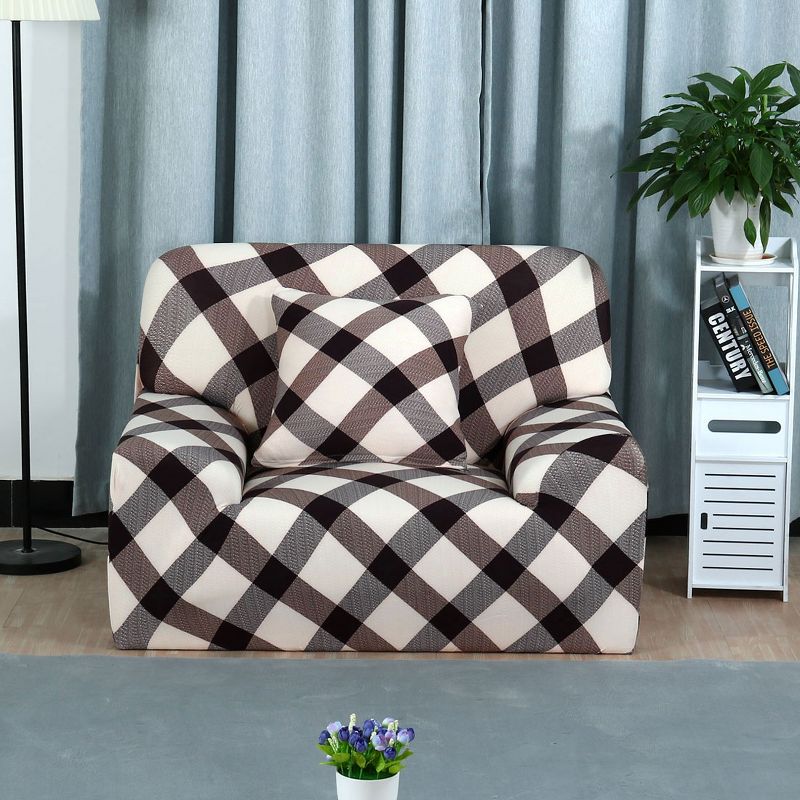 1 Pc Polyester Spandex Grid Pattern Elastic Sofa Slipcovers - PiccoCasa, 2 of 7