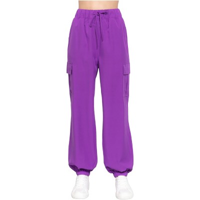Slickblue Women's Purple Cargo Jogger Pants, Lightweight Stretch Woven Fabric, Elastic Waist, Casual Fit, Size S-L