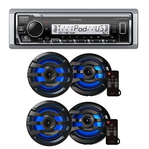 Kenwood KMR-M332BT Digital Media Receiver with Bluetooth with 2 Pairs of KFC-1673MRBL 6.5" 2-way Marine Speaker W/ LED (Black) - 1 of 4