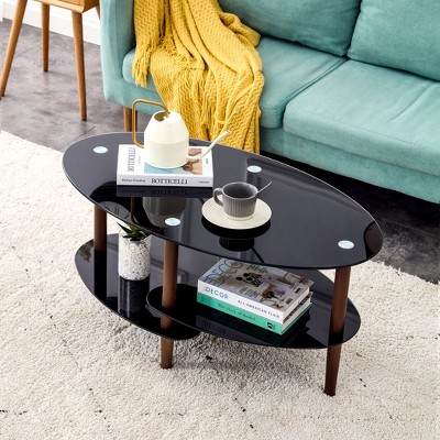Oval Glass Coffee Table, Modern Table in Living Room Leg Tea Table, 3-layer Tempered Glass Table