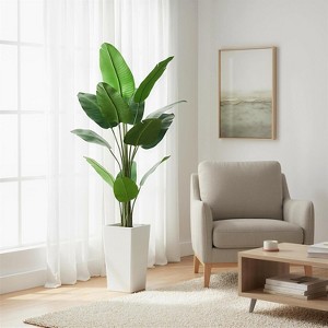 4.8FT Artificial Banana Tree,Fake Potted Tropical Tree,Decorative Evergreen Tropical Plant with White Tall Planter for Living Room Entryway Porch - 1 of 4