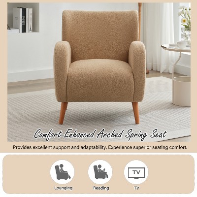 Camel Boucle Upholstered Barrel Accent Chair with Wood Legs