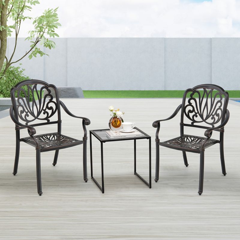 Tangkula 2 Pieces Cast Aluminum Chairs Set of 2 Stackable Patio Dining Chairs w/ Armrests, 3 of 11