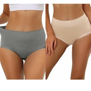 Allegra K Women's Cotton High-Rise Lace Trim Tummy Control Full Coverage Brief 2 Packs - 1 of 4