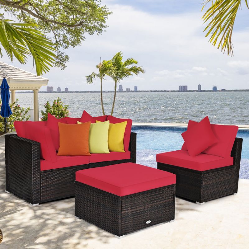 Costway 4PCS Patio Rattan Wicker Furniture Set Cushioned Sofa Ottoman Garden Turquoise\Red, 1 of 11