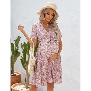 Women's Summer Floral Boho Maxi Dress Wrap Short Sleeve V Neck Ruffle A-Line Flowy Wedding Guest Long Dresses - 1 of 4