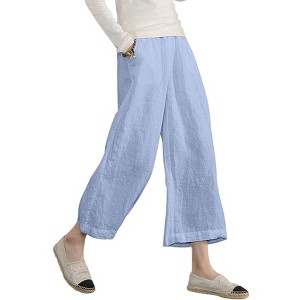 ECUPPER Womens Cotton Cropped Pants Loose Fit Wide Leg Capri Casual Plus Size Elastic Waist Trousers - 1 of 4
